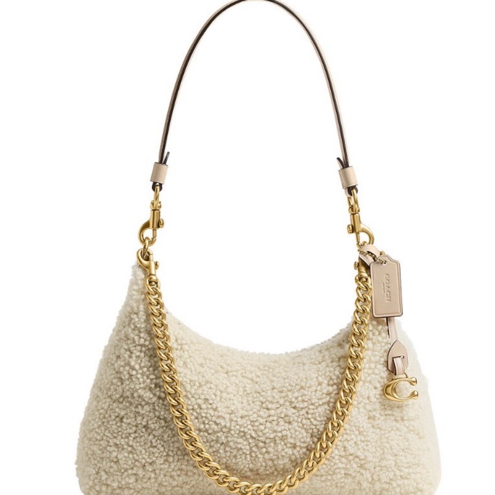 Coach Cream Shearling Shoulder Bag with Gold Chain NWT